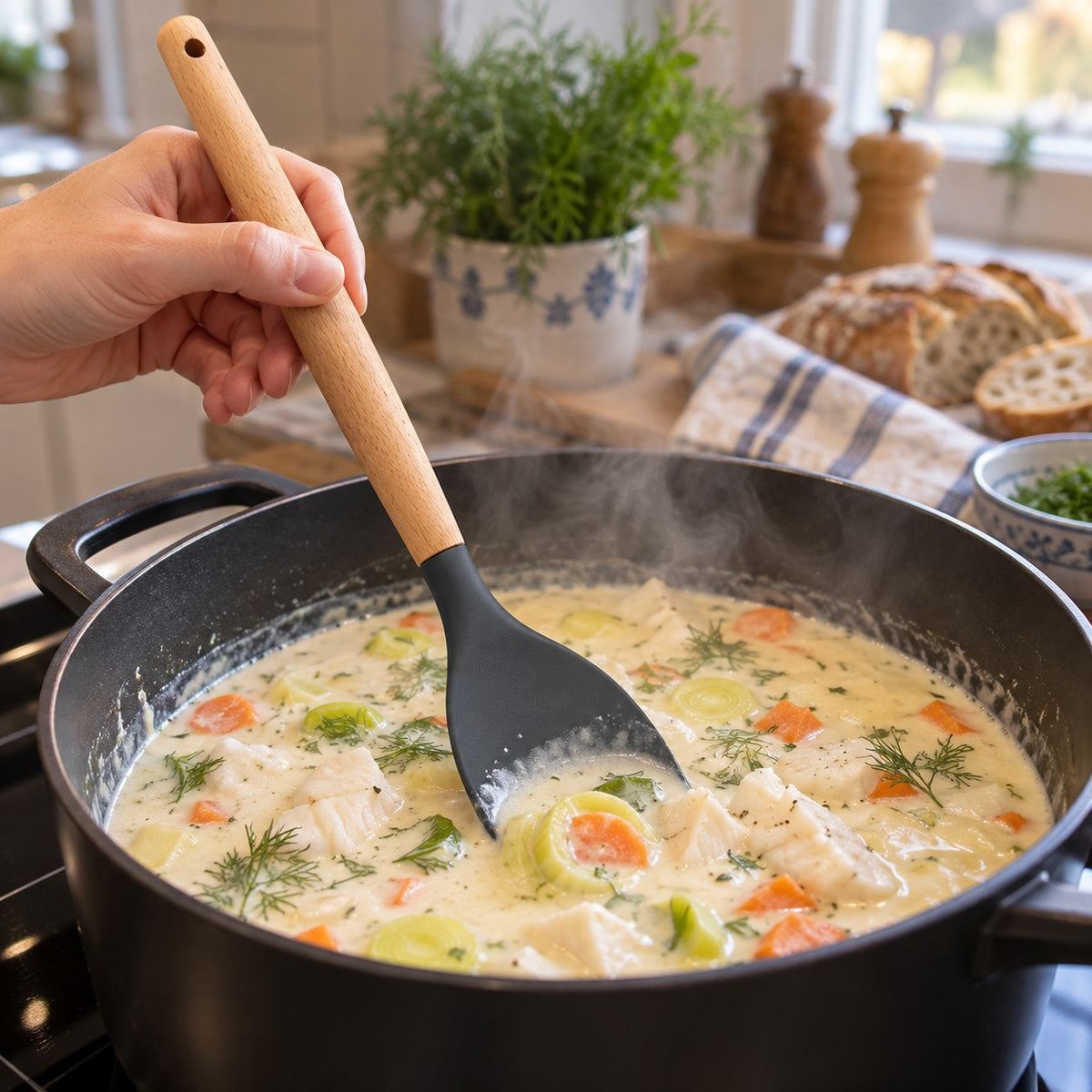 Silikonslikkepott med trehåndtak rører i fiskesuppe i gryta