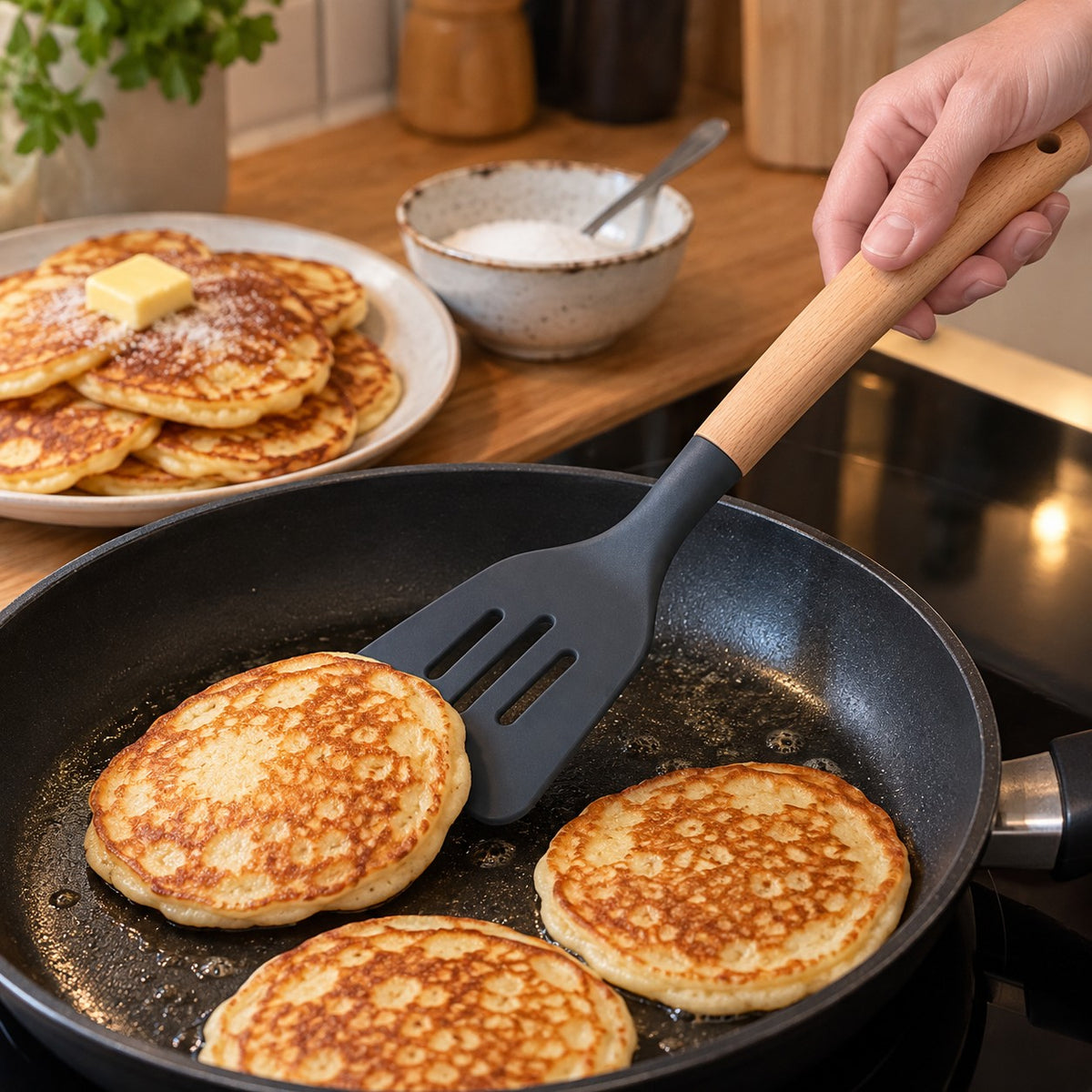 Stekespade i silikon med tre spor vender lapper i en non-stick-panne uten riper
