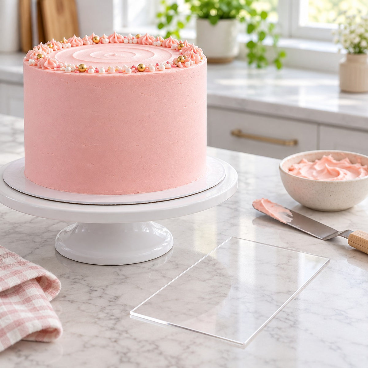 Klar kakeskraper i akryl ved siden av en ferdig rosa bløtkake med glatte sider på kakefat
