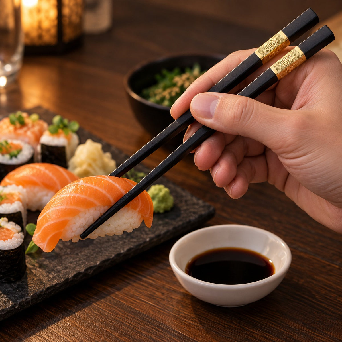 Hånd som løfter laksesushi med de svarte spisepinnene med gullbånd
