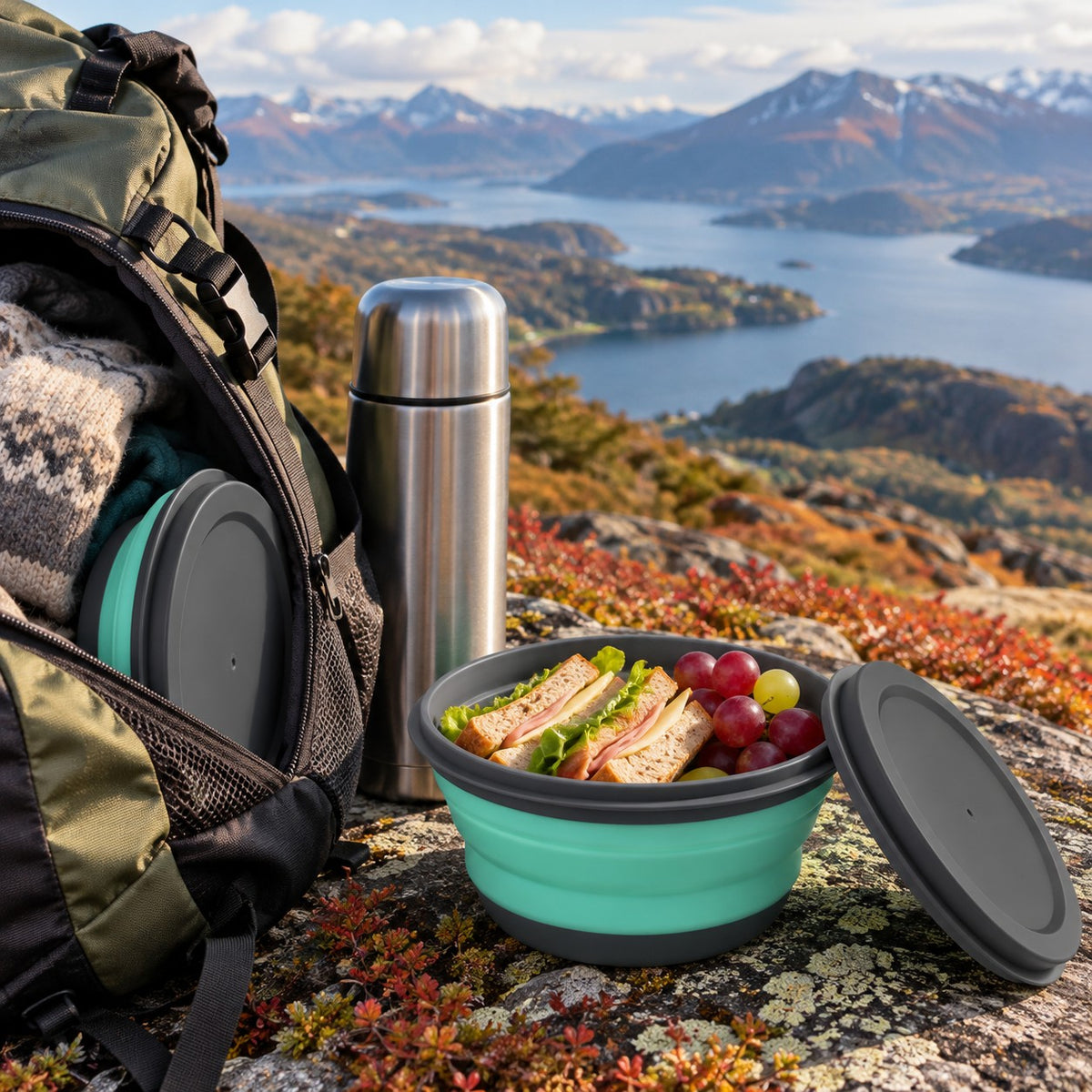 Sammenleggbar matbeholder med matpakke på fjelltur ved siden av sekk og termos