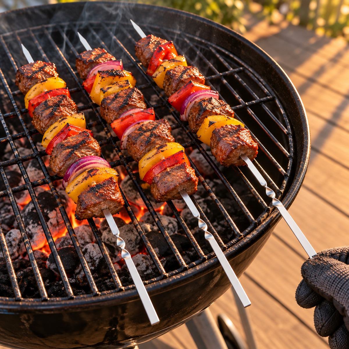 Grillspyd i rustfritt stål med kjøtt og grønnsaker på kullgrill