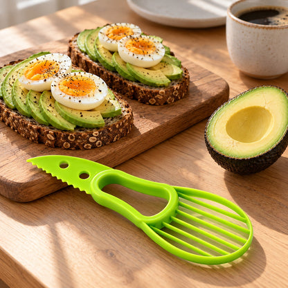 Grønn avokadokutter ved siden av grovbrød med avokadoskiver og egg på et norsk frokostbord