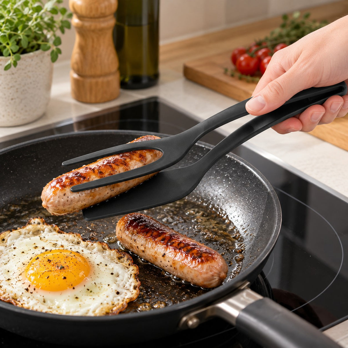 Svart stekespade og tang i ett løfter en pølse fra stekepanna