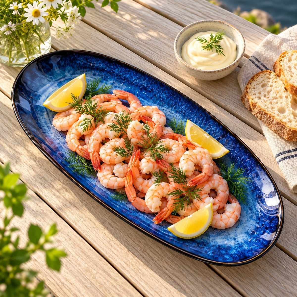 Blått keramikkfat med reker, sitron og dill på et hagebord