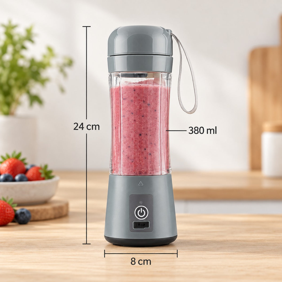Bærbar koppblender med mål: 24 cm høy, 8 cm i diameter og 380 ml