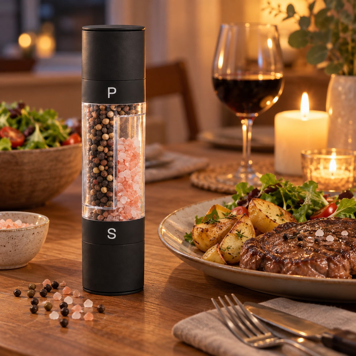 Krydderkvern for salt og pepper på middagsbordet ved biff og poteter