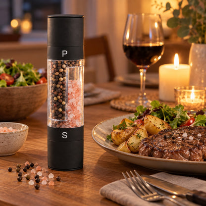 Krydderkvern for salt og pepper på middagsbordet ved biff og poteter