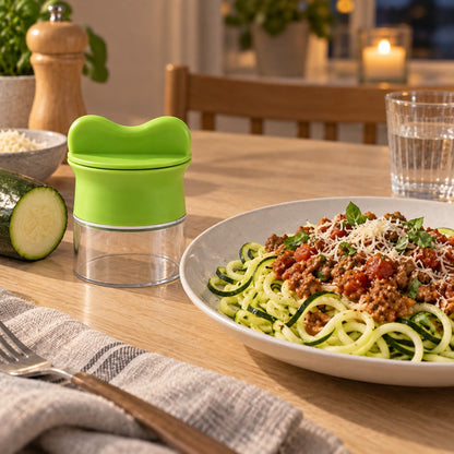 Spiralkutter for grønnsaker ved siden av en tallerken squashspagetti med kjøttsaus