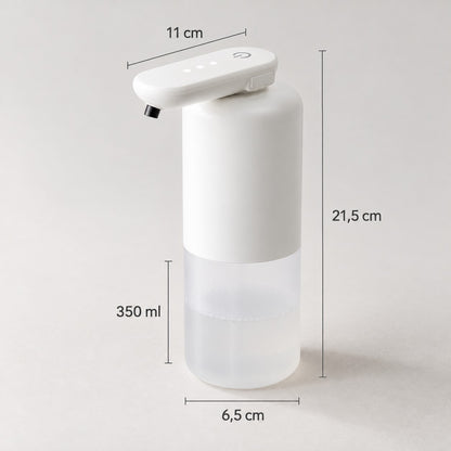 Mål på den automatiske såpedispenseren: 21,5 cm høy, 11 cm arm, 6,5 cm bred og 350 ml beholder