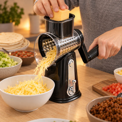 A hand turning the handle of a black Rivix as grated cheese falls into a bowl for taco night