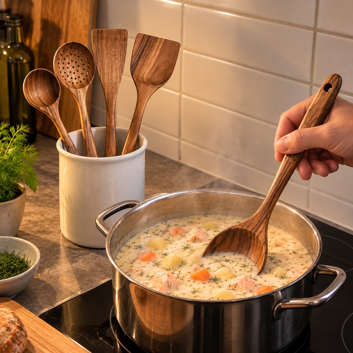 Treskje i teak brukes til å røre i fiskesuppe, resten av settet i krukke ved komfyren