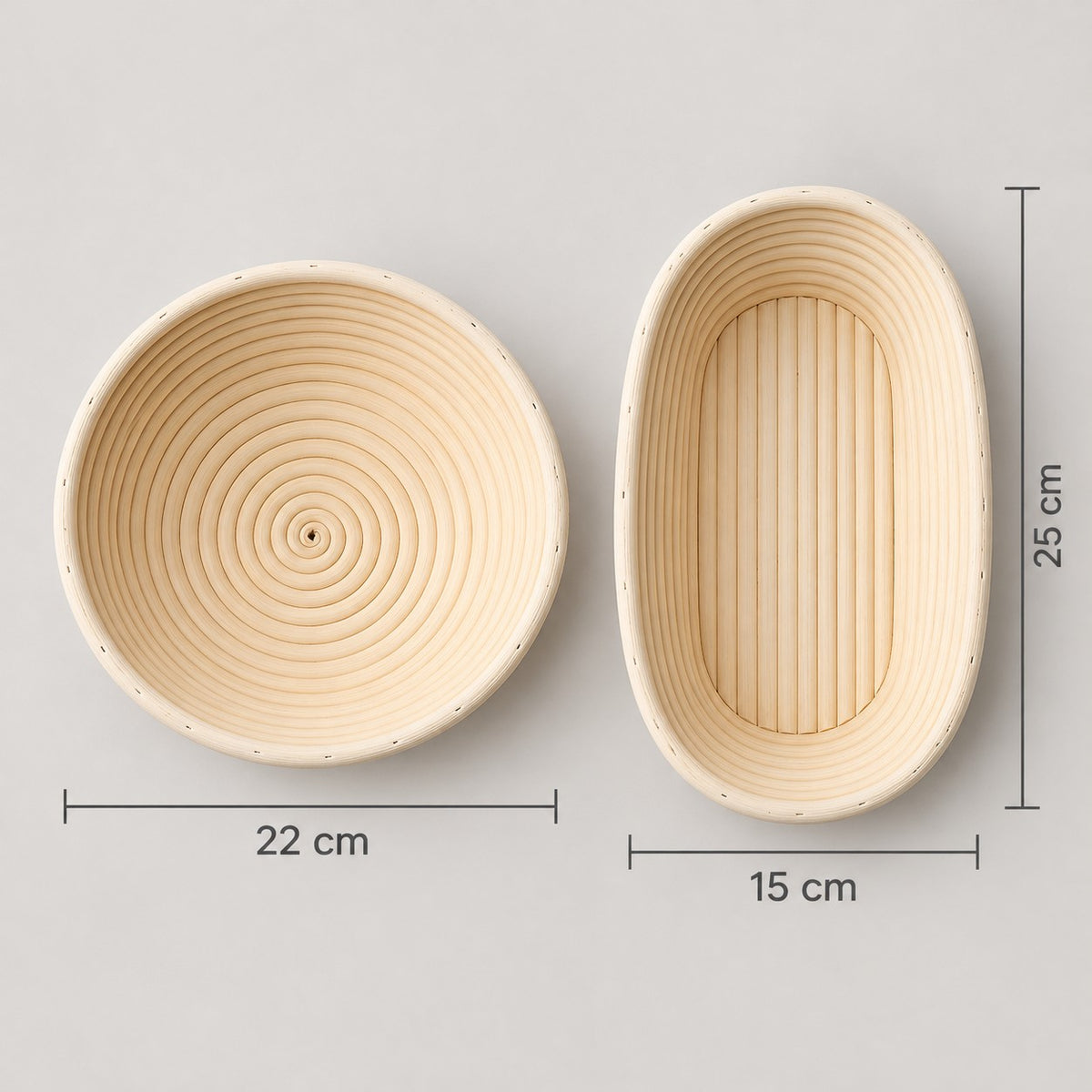 Rund hevekurv 22 cm og oval hevekurv 25 x 15 cm sett ovenfra