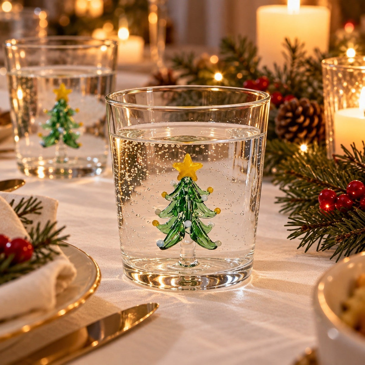 Juletreglass med vann på julebordet med levende lys og granbar