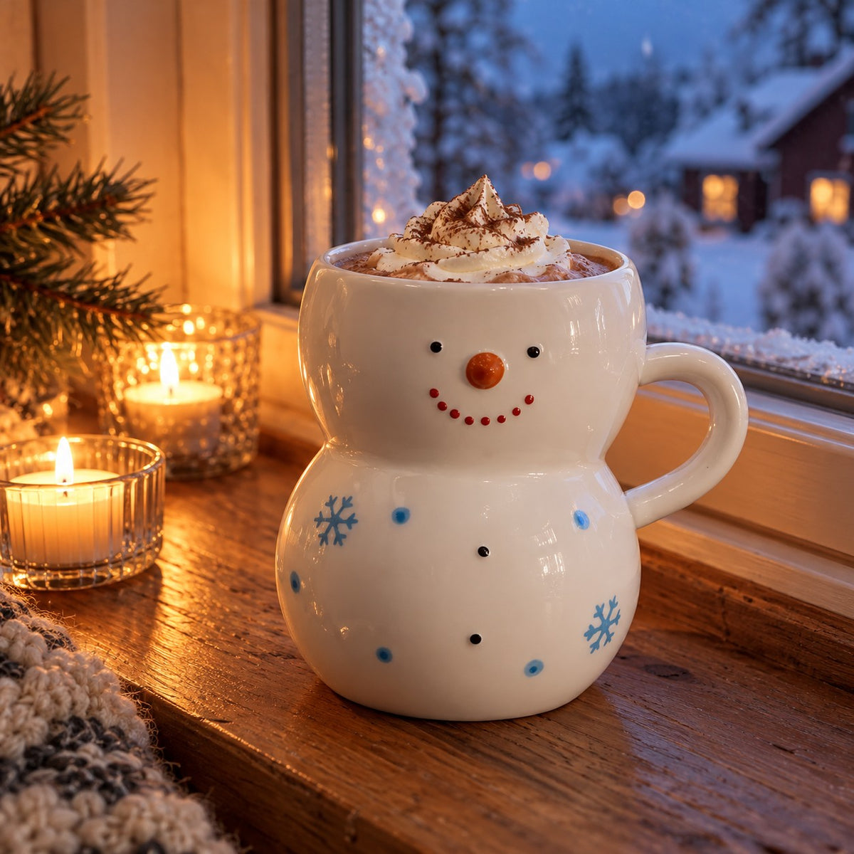 Snømannkrus med kakao og krem i vinduskarmen en snøfull desemberkveld