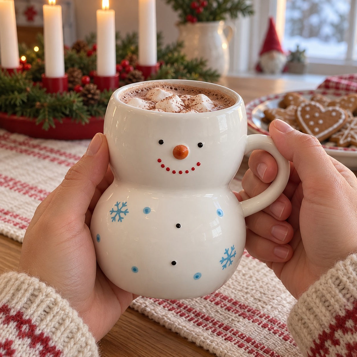 Snømannkrus med varm kakao holdt i to hender ved adventsbordet
