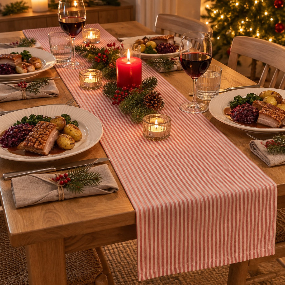 Striped Christmas table runner on a Norwegian Christmas dining table with roast pork belly and tealight candles