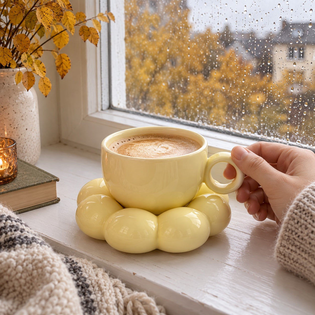 Gul solsikkekopp med cappuccino i vinduskarmen en regnfull høstdag