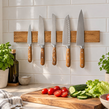 Magnetic acacia wood knife strip holding five knives on a tiled wall above the kitchen benchtop