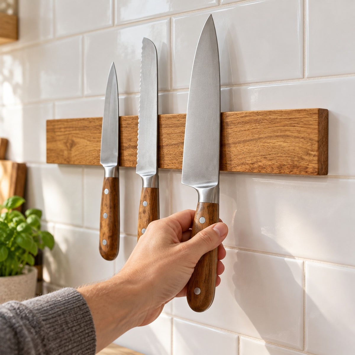 A hand hanging a chef's knife on the magnetic acacia wood knife strip
