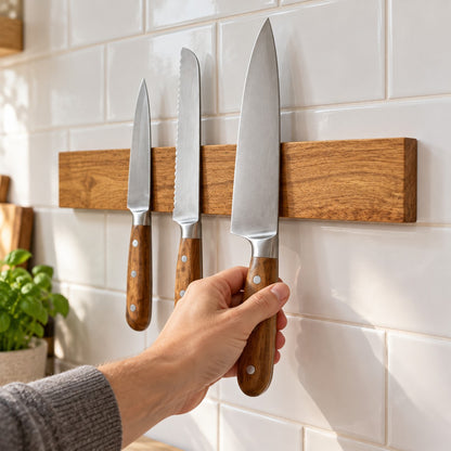 A hand hanging a chef's knife on the magnetic acacia wood knife strip