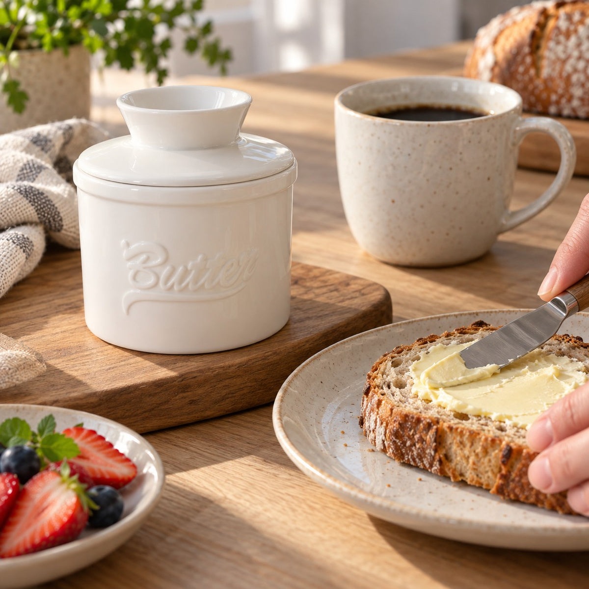 Hvit smørkrukke i keramikk på frokostbordet, mykt smør smøres på brød