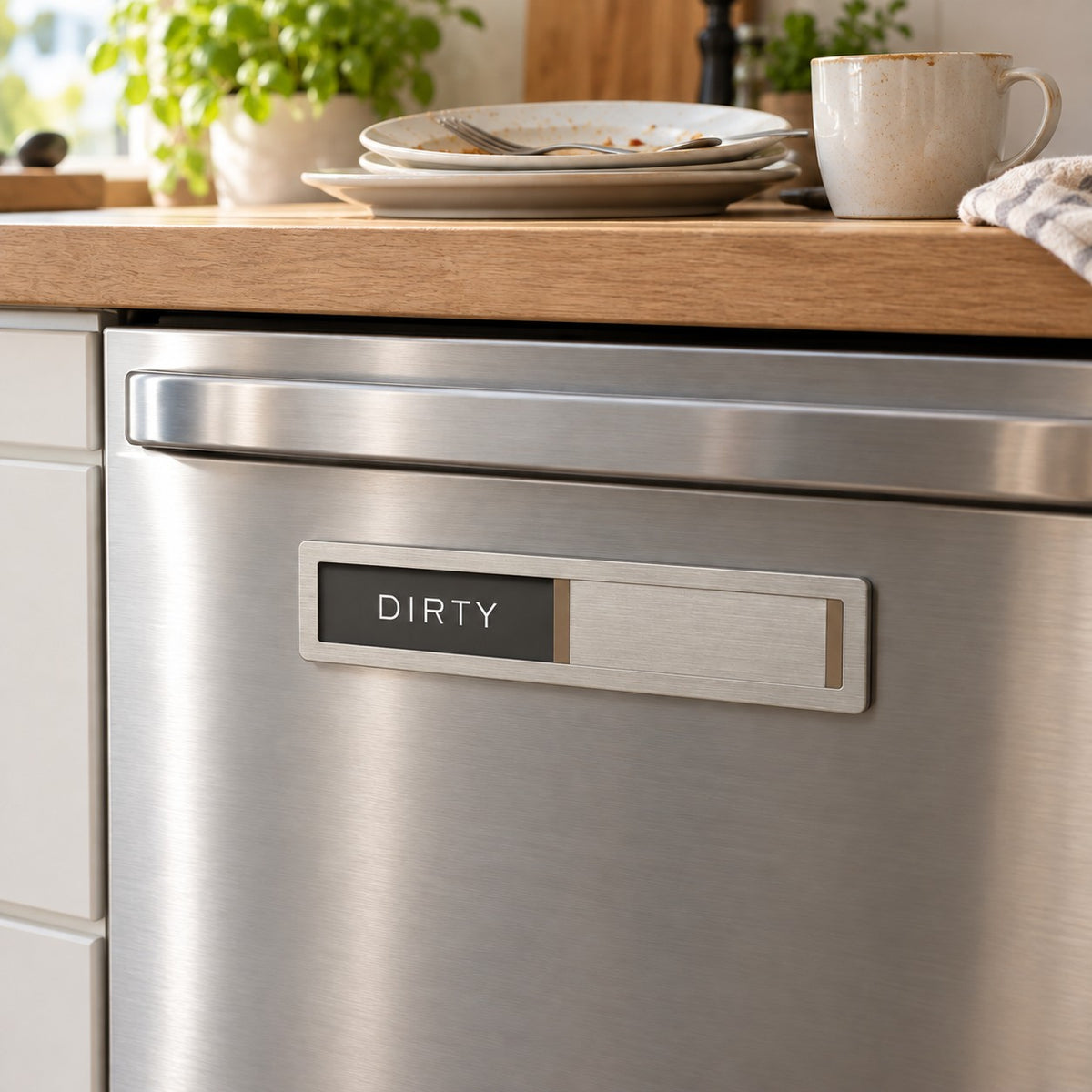 Brushed-steel magnetic sign on the dishwasher showing DIRTY, with dirty plates on the benchtop above