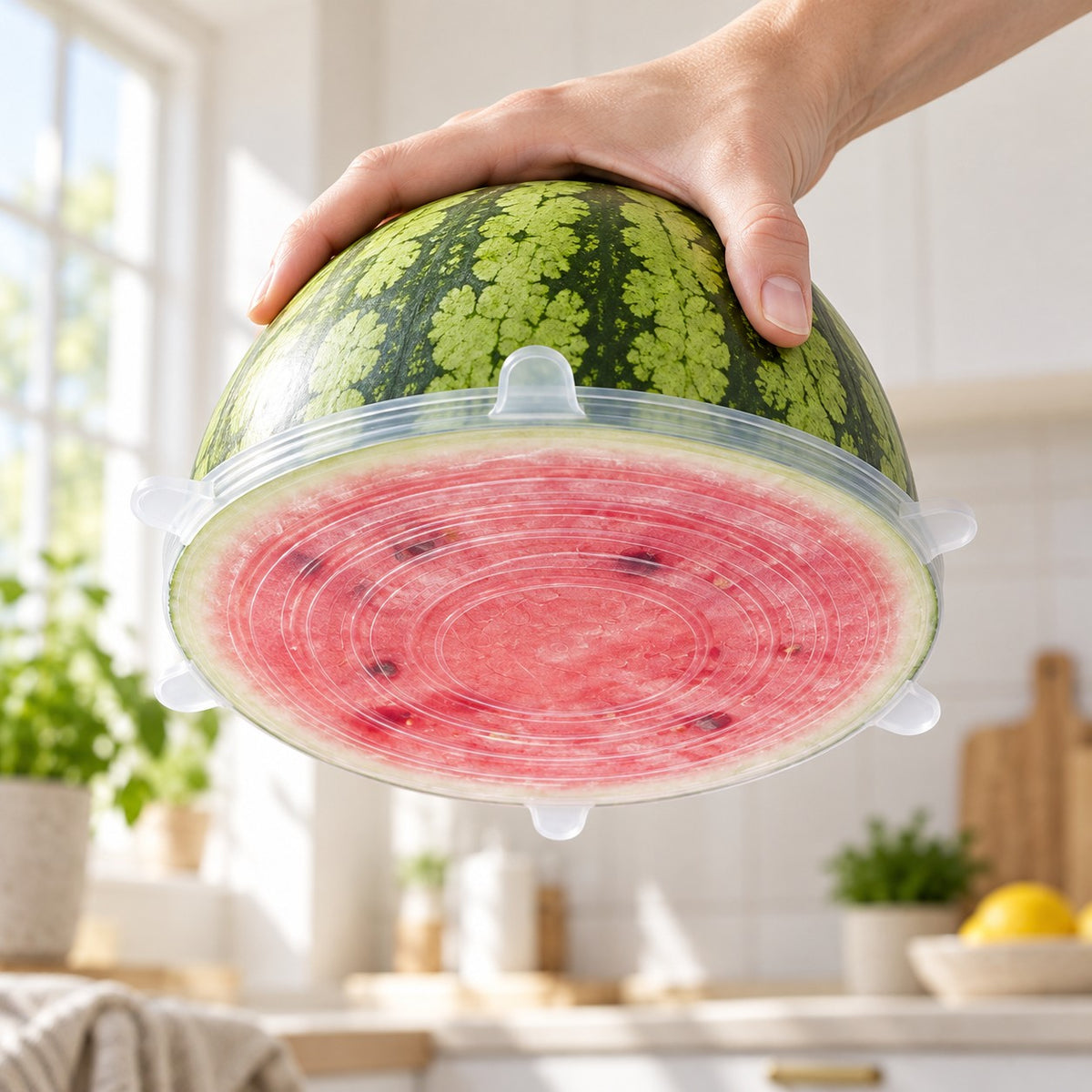 Silikonlokk strukket over en halv vannmelon som holdes opp ned – lokket sitter tett