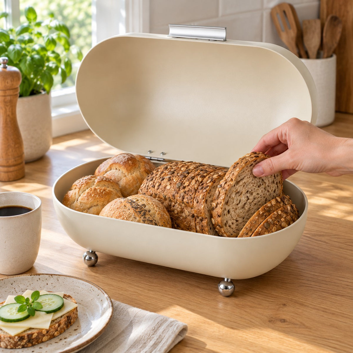 Cream-white metal bread bin with its lid open, wholemeal bread and bread rolls on the kitchen benchtop