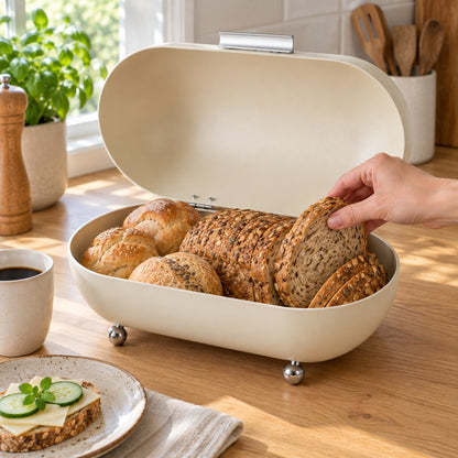 Cream-white metal bread bin with its lid open, wholemeal bread and bread rolls on the kitchen benchtop