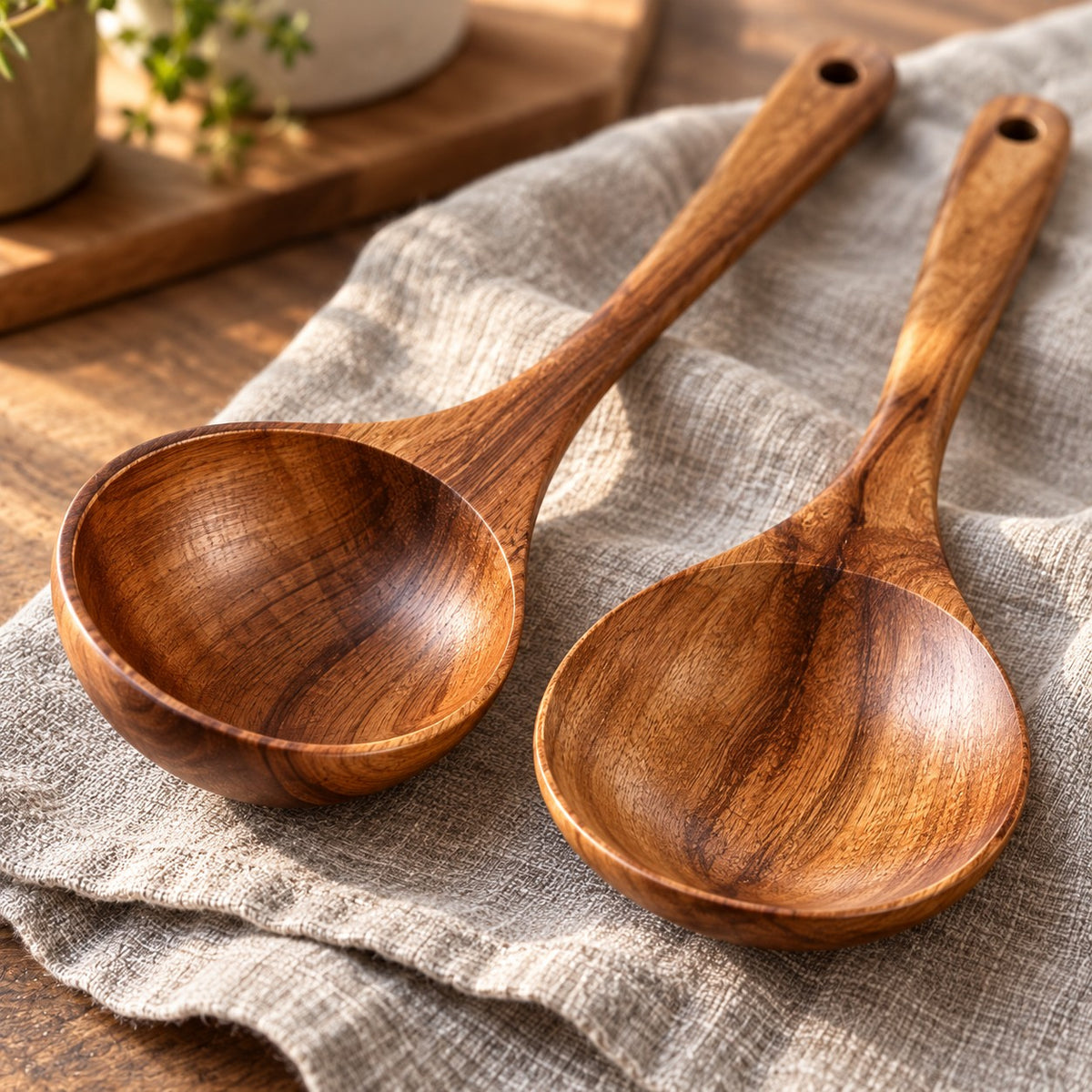 Close-up of a teak soup ladle and large spoon with smooth surfaces