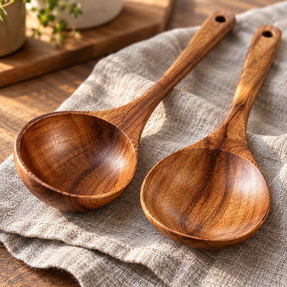 Close-up of a teak soup ladle and large spoon with smooth surfaces