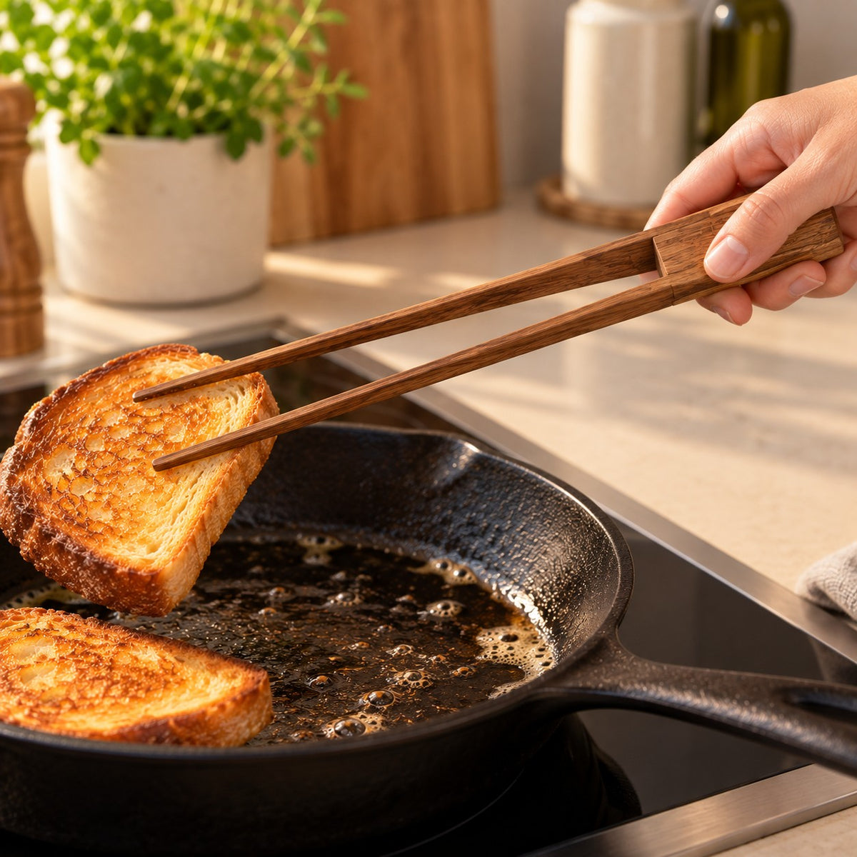 Teak wooden tongs lifting a slice of fried bread from a frying pan