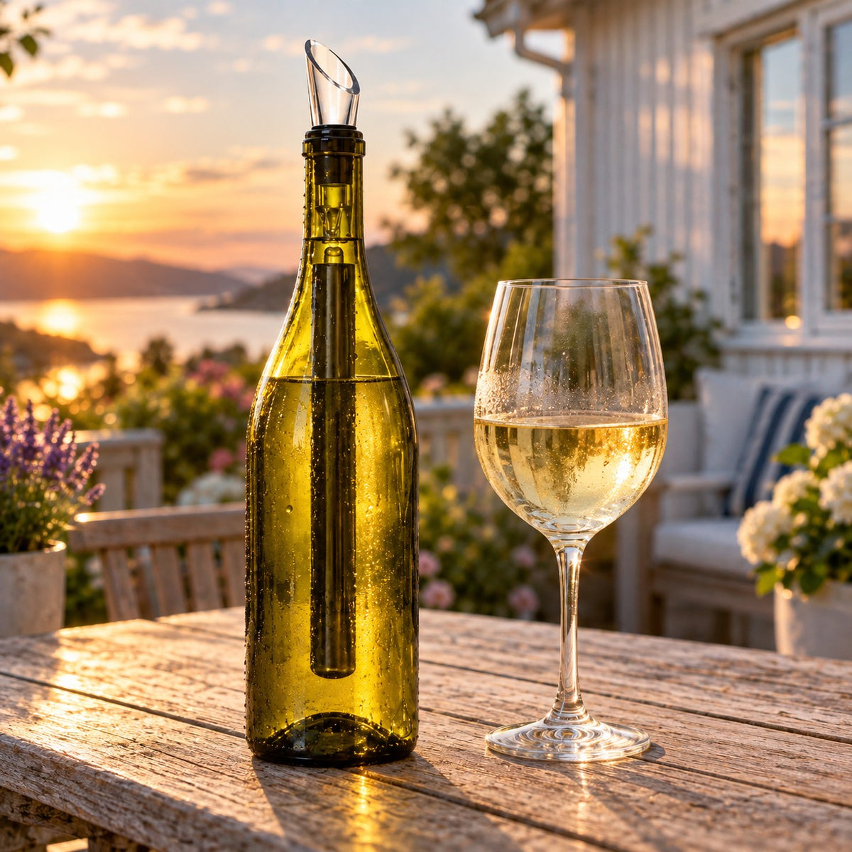Vinkjøler med helletut i en kald flaske hvitvin på en norsk terrasse en sommerkveld