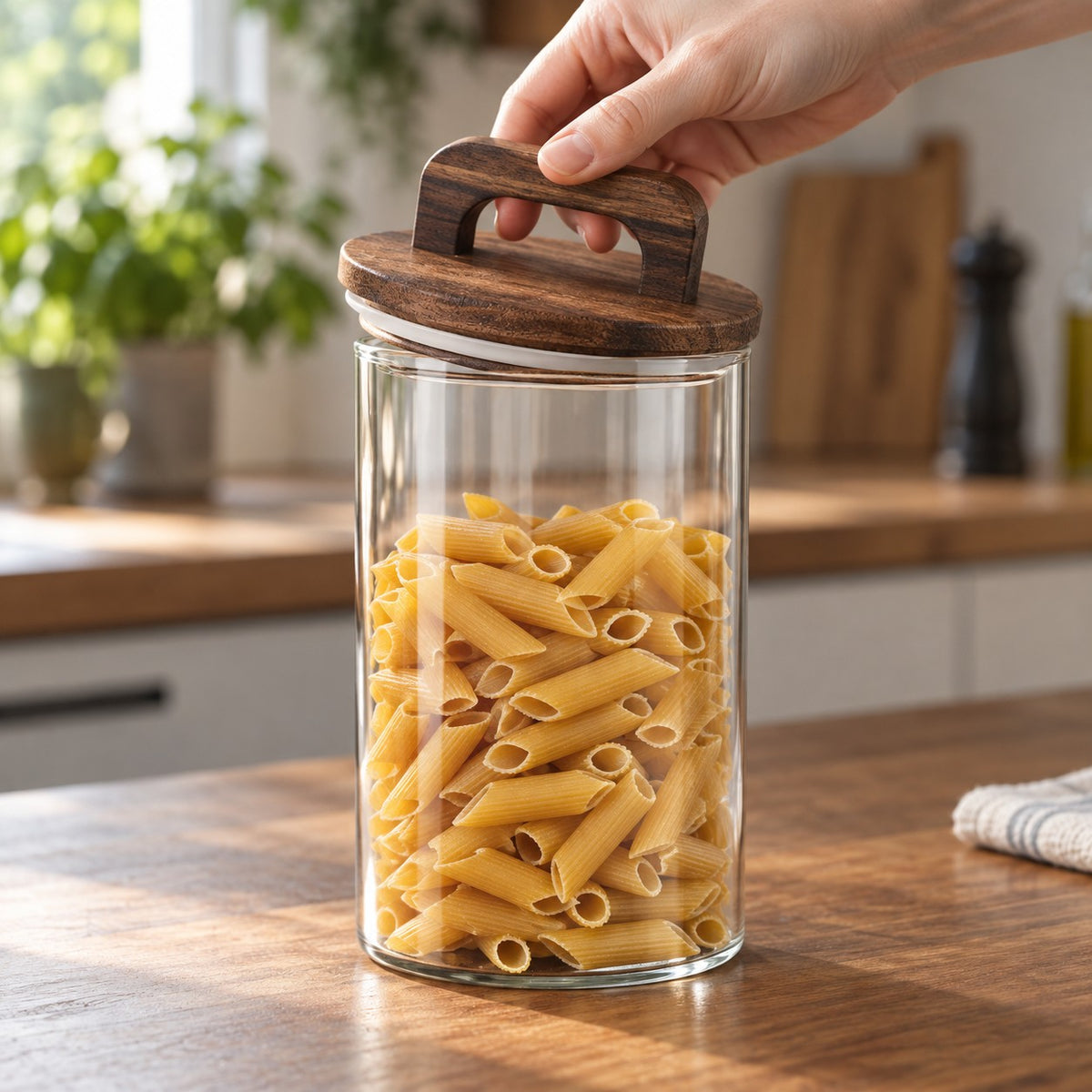 Glasskrukke med trelokk – hånd presser lokket med silikonring ned på krukka fylt med pasta