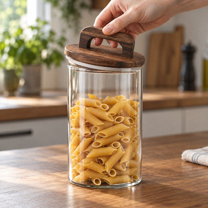 Glasskrukke med trelokk – hånd presser lokket med silikonring ned på krukka fylt med pasta