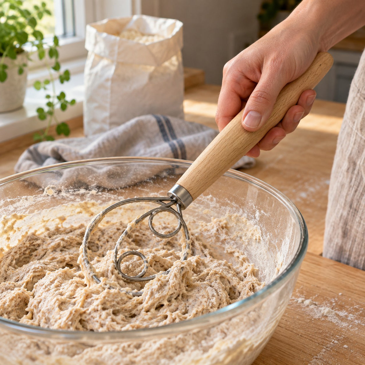 Deigvisp i rustfritt stål med trehåndtak som rører grov brøddeig i glassbolle
