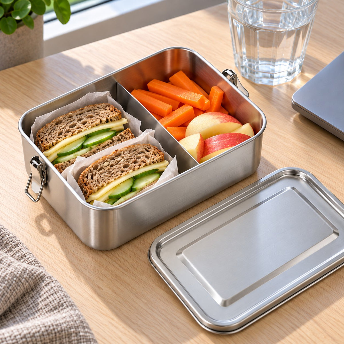 Open stainless steel lunch box with a divider, slices of bread on one side and carrot and apple on the other