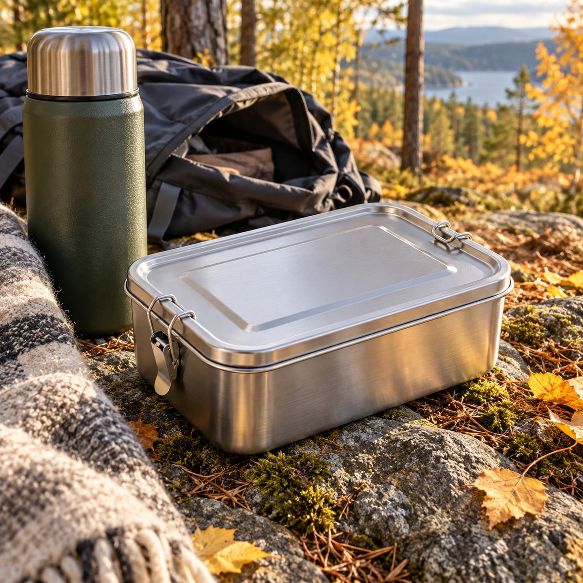 Closed stainless steel lunch box with two clips on a woodland hike, beside a thermos and backpack