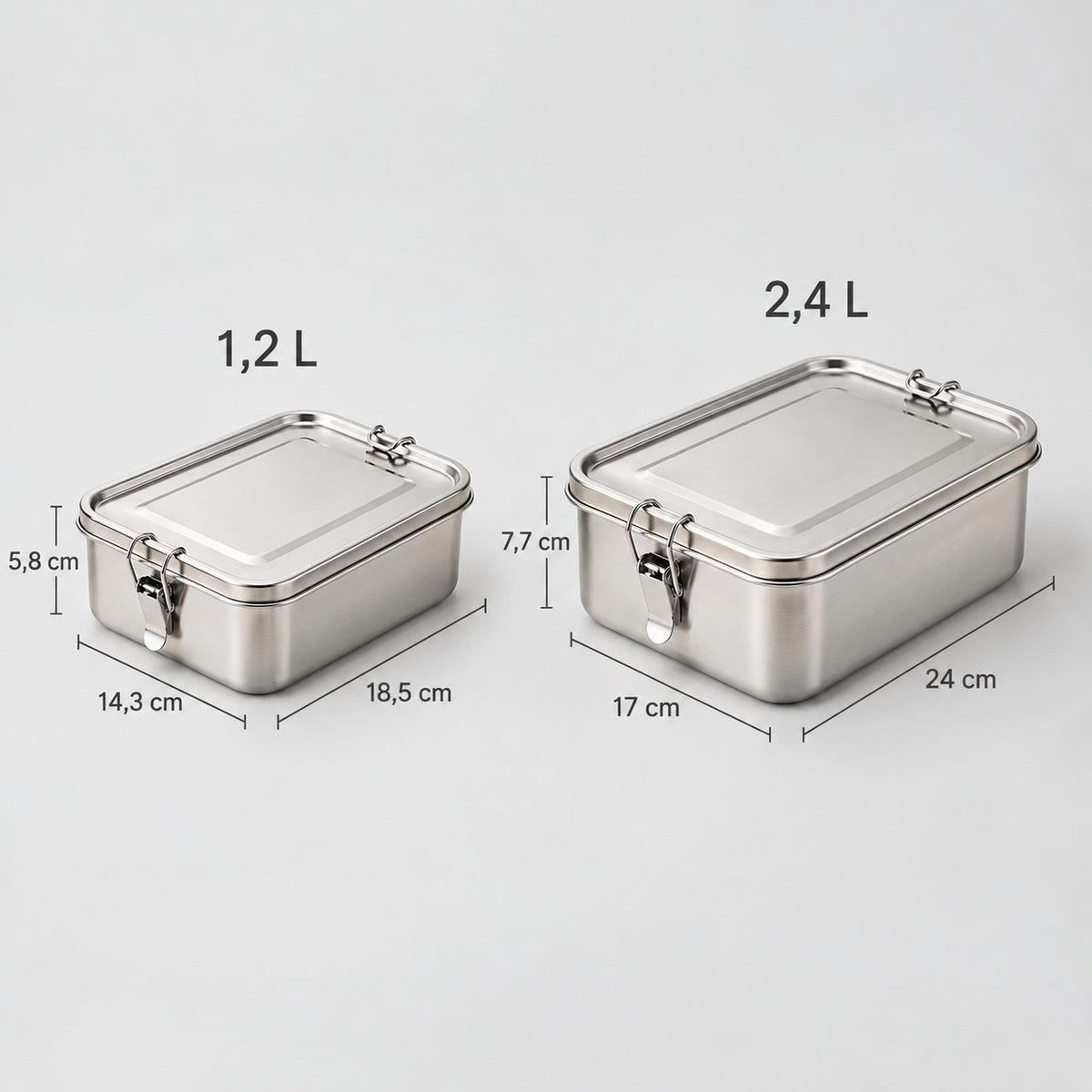 Lunch box size guide: 1.2 L is 18.5 × 14.3 × 5.8 cm and 2.4 L is 24 × 17 × 7.7 cm