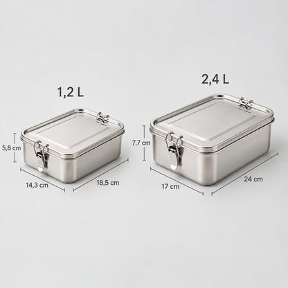 Lunch box size guide: 1.2 L is 18.5 × 14.3 × 5.8 cm and 2.4 L is 24 × 17 × 7.7 cm