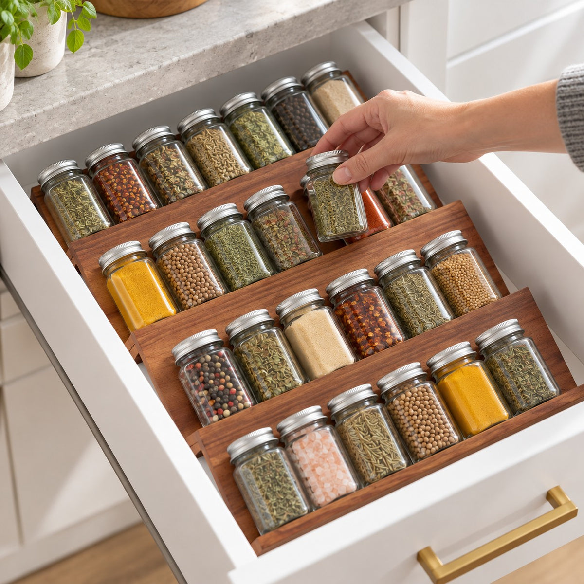 A hand taking a spice jar from an acacia wood spice organiser in a kitchen drawer