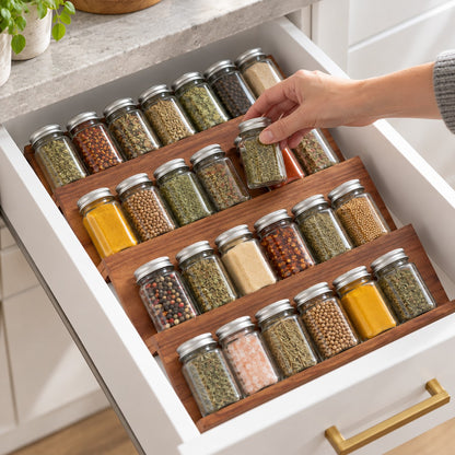 A hand taking a spice jar from an acacia wood spice organiser in a kitchen drawer