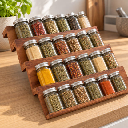 Four-tier acacia wood spice organiser filled with spice jars