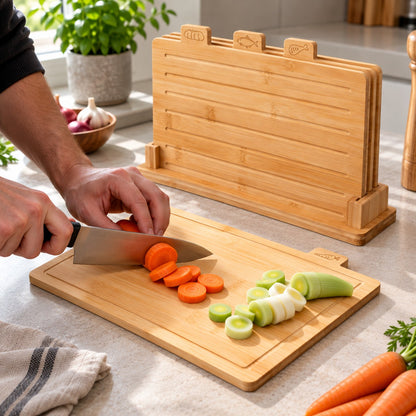 Bamboo chopping board set in use: carrot and leek being chopped on the vegetable board, with the other three boards in the stand