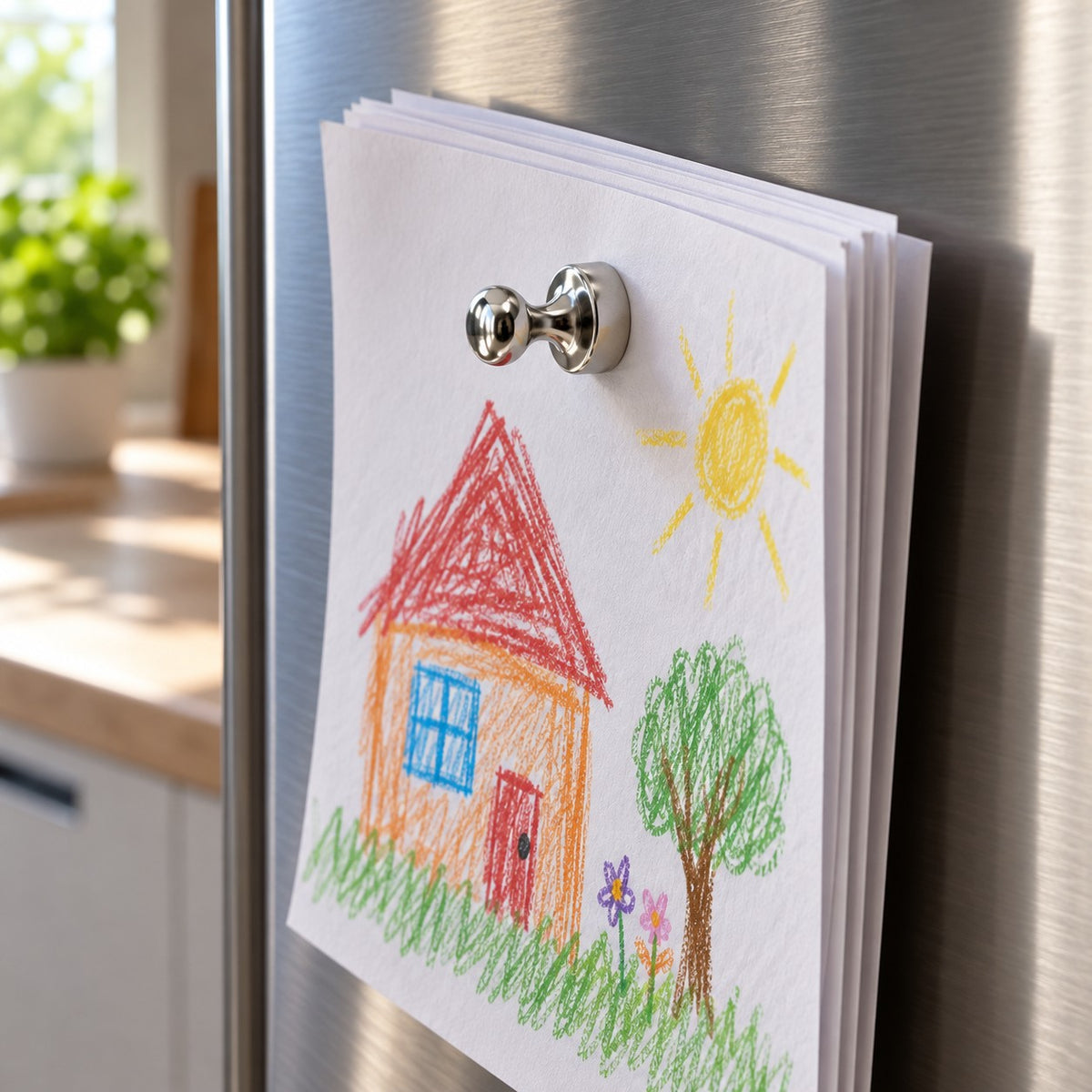 Kjøleskapsmagnet i krom holder en tykk bunke ark og en barnetegning