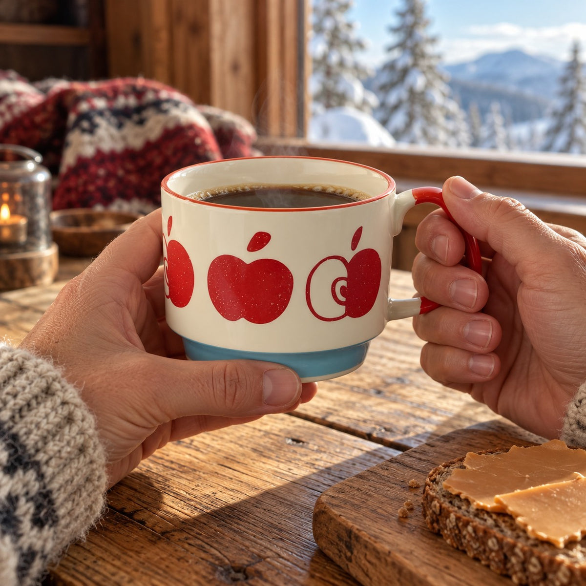 Hender rundt keramikkrus med røde epler og kaffe til frokost på hytta