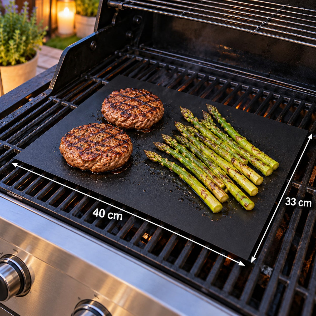 Grillmatte på 40 x 33 cm lagt på gassgrill med burgere og asparges