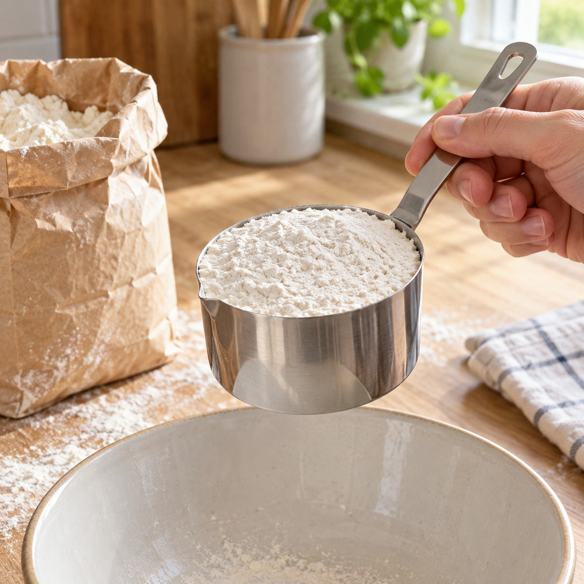 Måleskje 250 ml i rustfritt stål fylt med mel over bakebollen