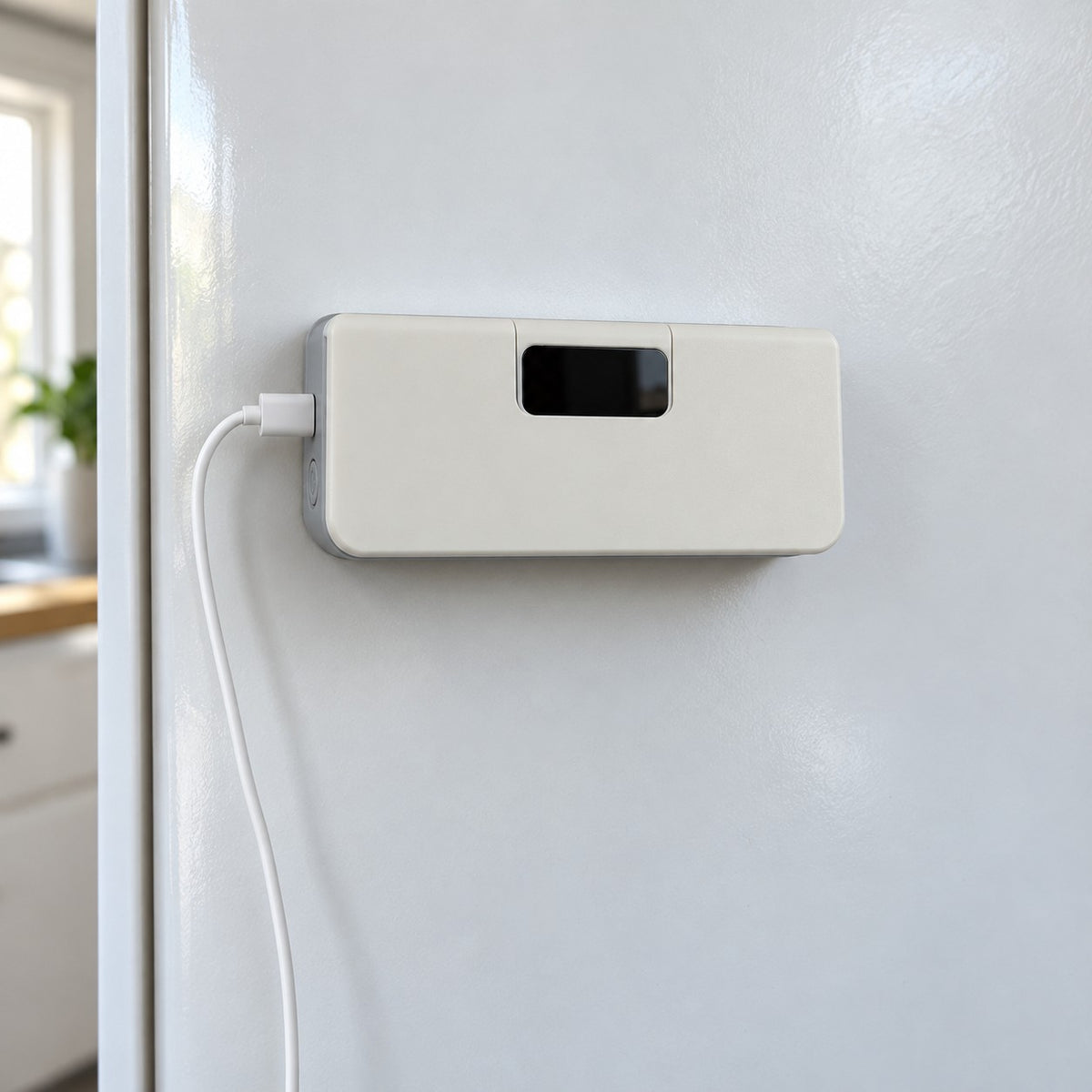Sealio poselukker festet med magnet på kjøleskapsdøra, lader med USB-C-kabel